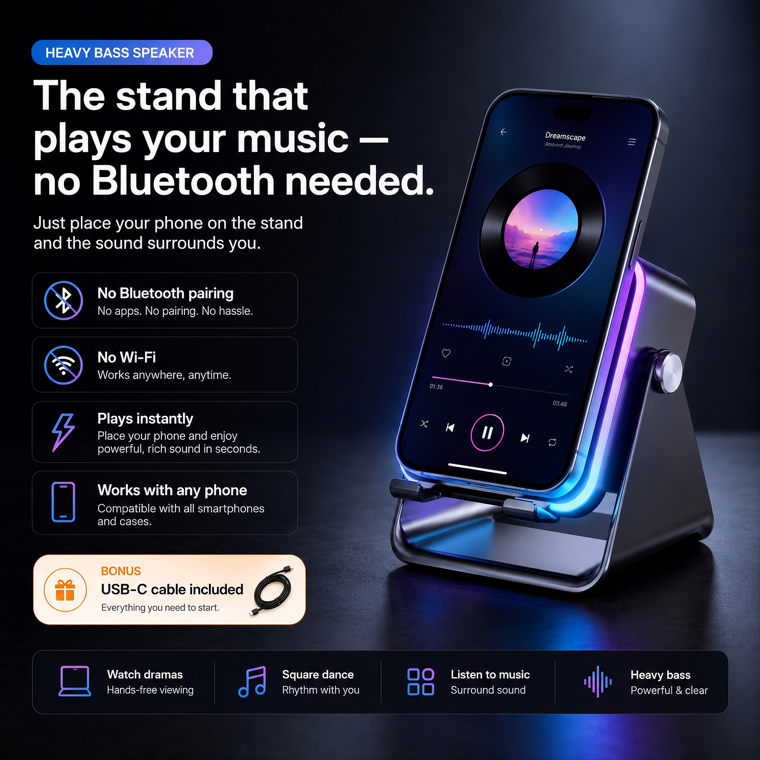 LumiSpeaker™ 5-in-1 Wireless Induction Speaker & RGB Phone Stand